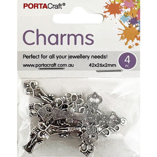Charms Metal 4pc Crosses 42x26x2mm Silvered