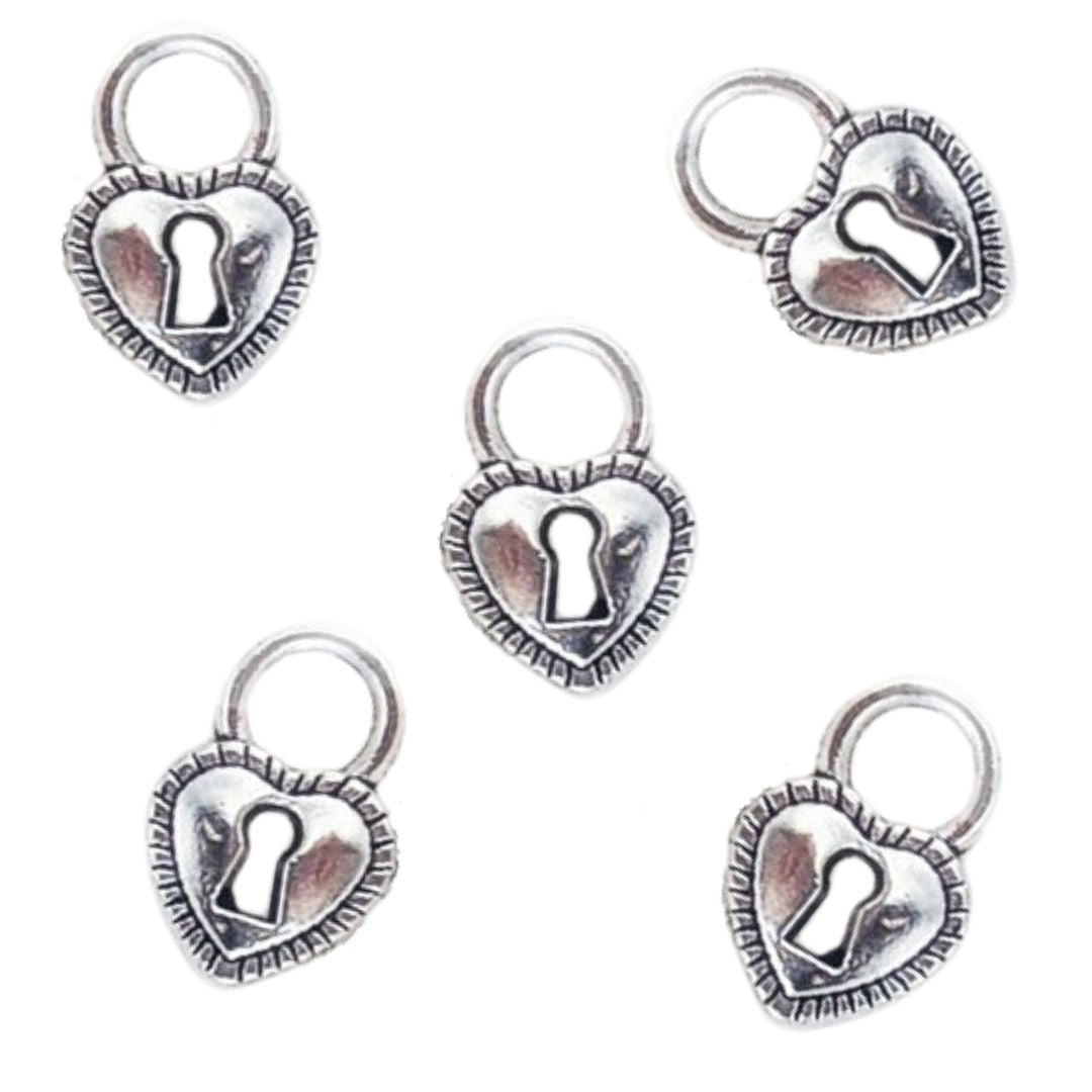 Heart Padlock Charms 5pk - Silver Tone