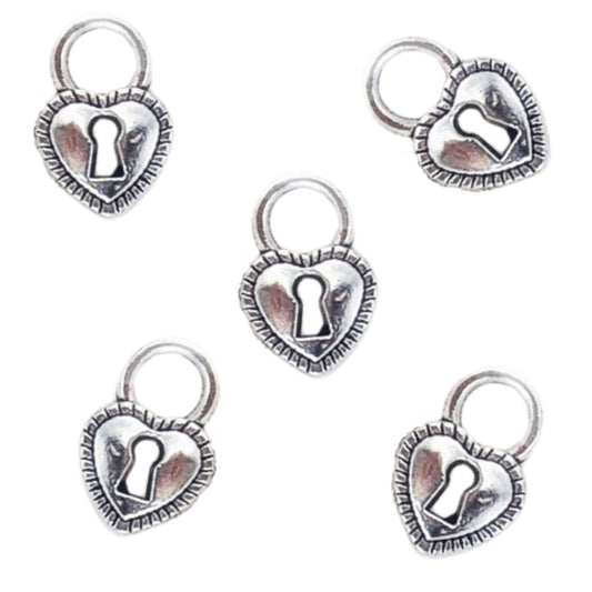 Heart Padlock Charms 5pk - Silver Tone