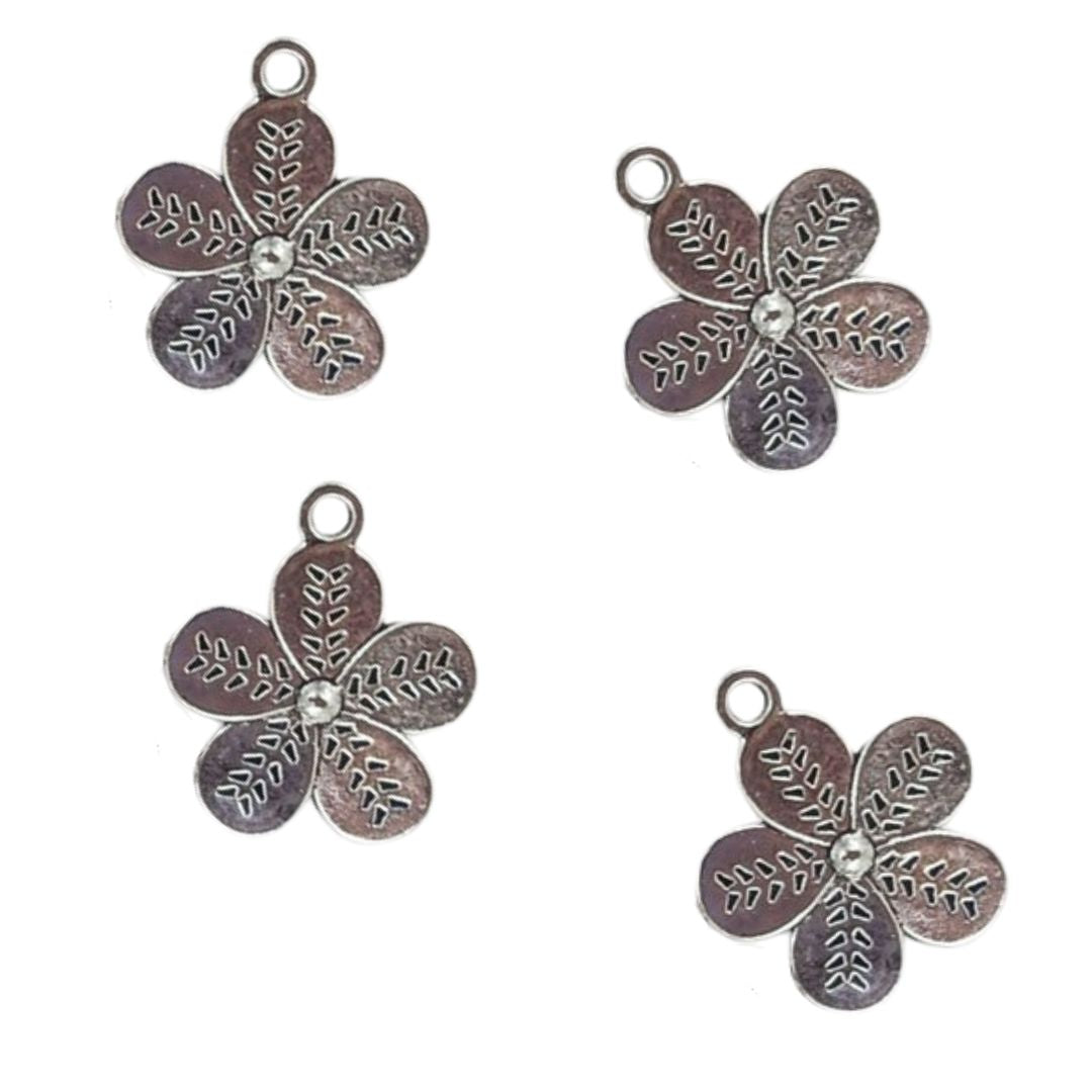 Textured Flower Charms 4pk - Silver Tone