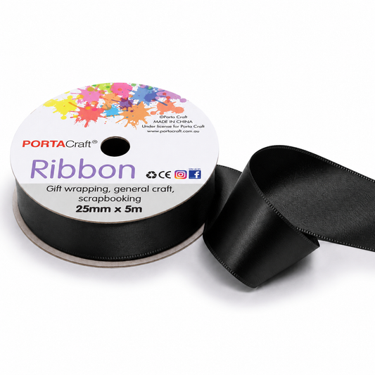 Satin Ribbon Double Sided 25mm x 5 metres - Black
