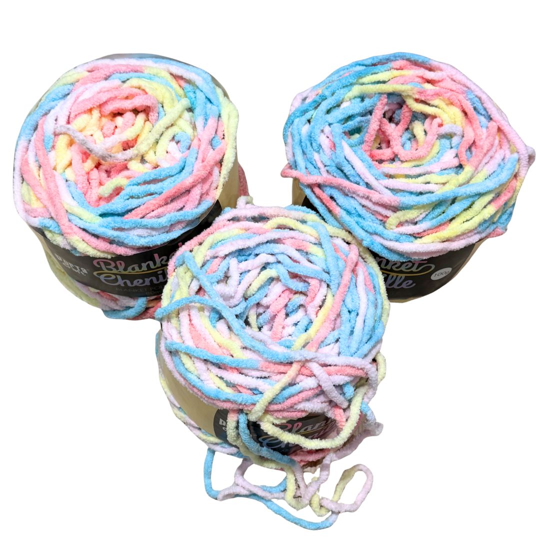DUSTY Chenille Blanket Yarn 100g Rainbow Paddle Pop 3pk Bundle