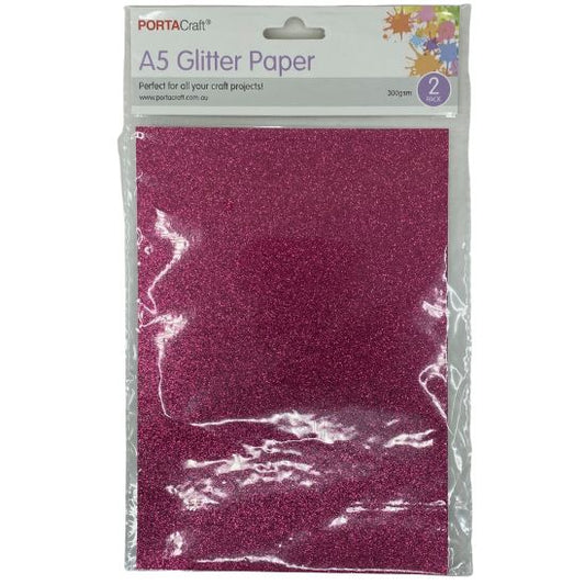 A5 Glitter Paper 300gsm 2pk - Hot Pink