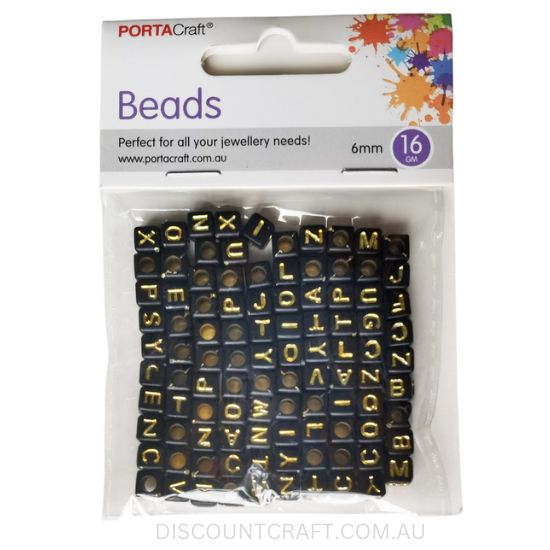 Cube Alphabet Beads 6mm - Black with Gold Text 16g