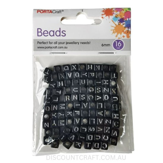 Cube Alphabet Beads 6mm - Black with Silver Text 16g