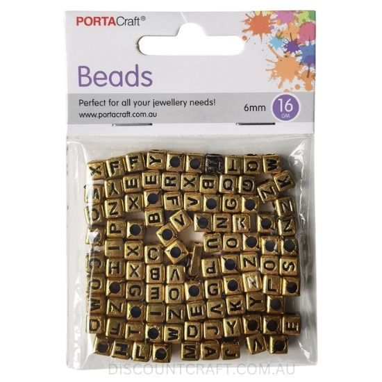 Cube Alphabet Beads 6mm - Gold with Black Text 16g