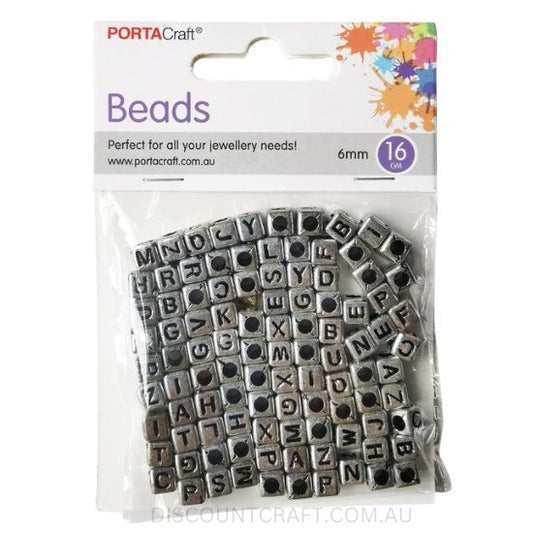 Cube Alphabet Beads 6mm - Silver with Black Text 16g