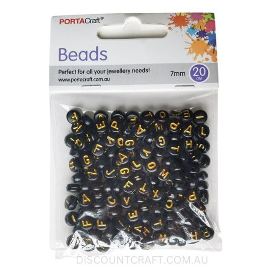 Circular Alphabet Beads 7mm - Black with Gold Text