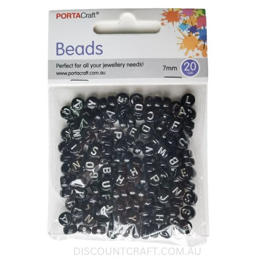 Circular Alphabet Beads 7mm - Black with Silver Text