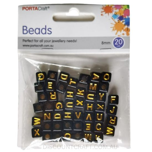 Cube Alphabet Beads 8mm Black with Gold Writing 20g