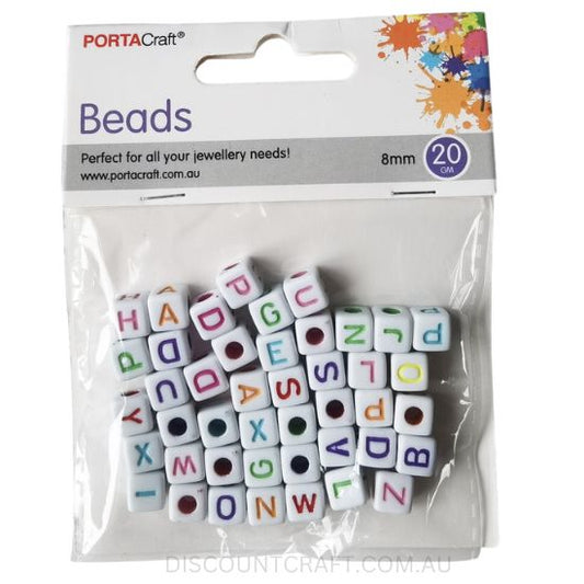 White Cube Alphabet Beads 8mm with Coloured Writing 20g