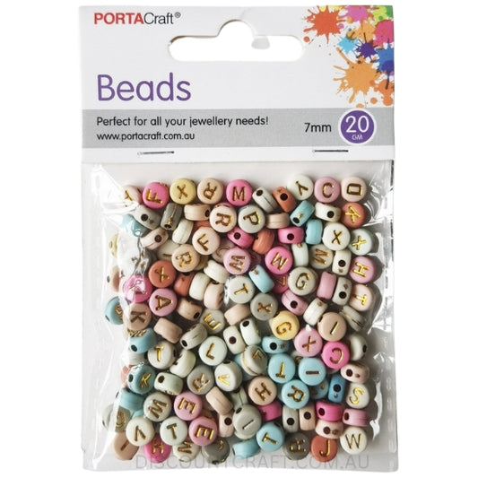 Circular Alphabet Beads 7mm - Coloured with Gold Text