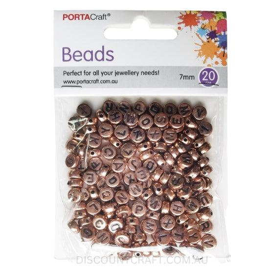 Circular Alphabet Beads 7mm - Rose Gold with Black Text