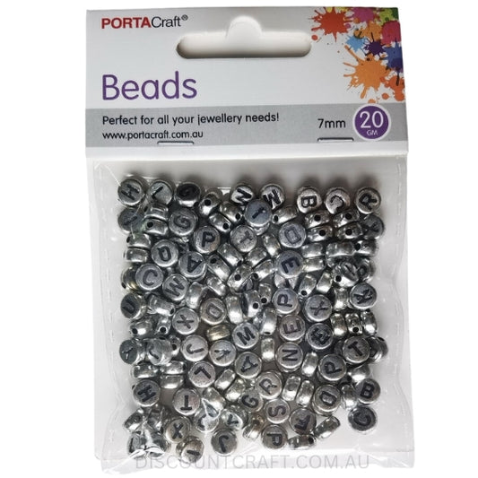 Circular Alphabet Beads 7mm - Silver with Black Text