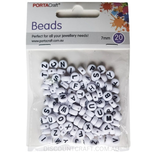 Circular Alphabet Beads 7mm - Black & White