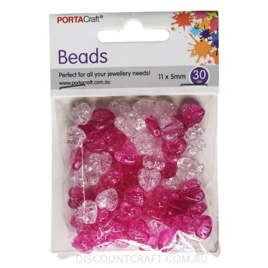 Glitter Heart Beads 11x5mm 30g - Dark Pink & White