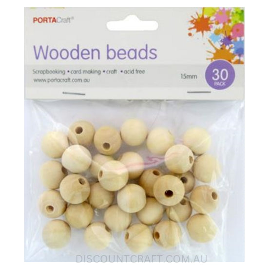 Beads Wooden 15mm 30pk - Round Natural