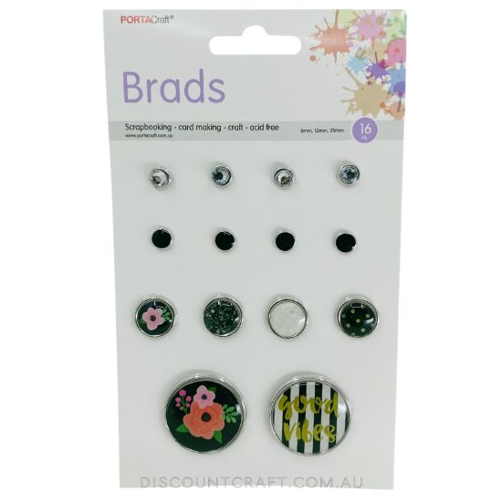 Brads Black & White 6mm x8pc, 12mm x4pc, 25mm x2pc