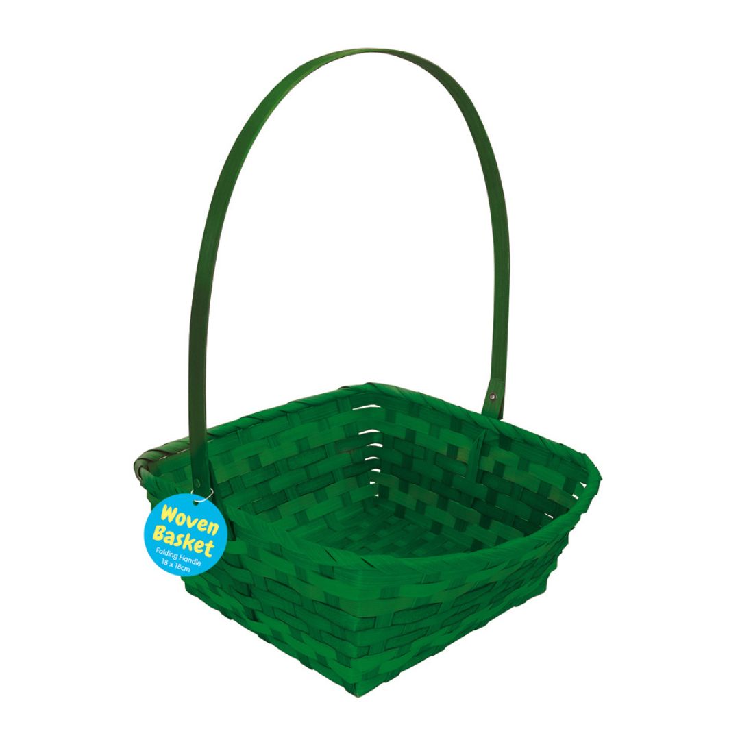 Woven Basket with Square Base & Folding Handle - Green