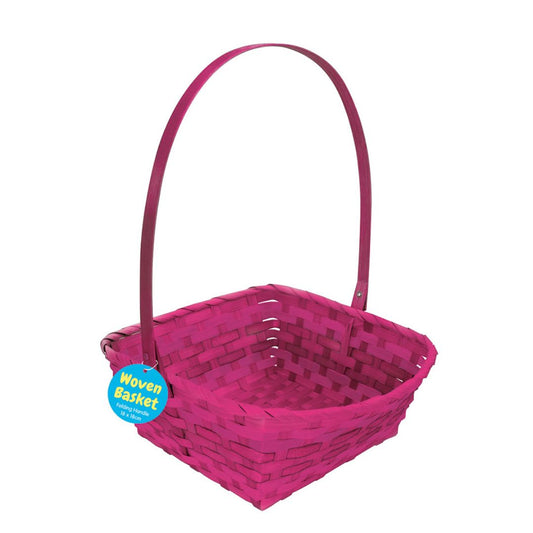 Woven Basket with Square Base & Folding Handle - Pink
