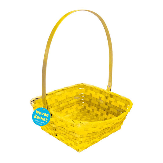 Woven Basket with Square Base & Folding Handle - Yellow