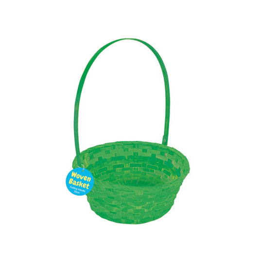 Woven Basket with Round Base & Folding Handle - Green