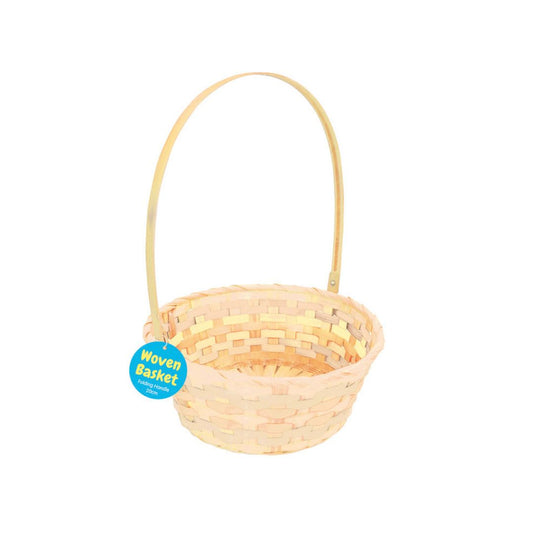 Woven Basket with Round Base & Folding Handle - Natural