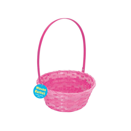 Woven Basket with Round Base & Folding Handle - Pink