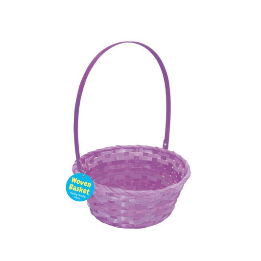 Woven Basket with Round Base & Folding Handle - Purple