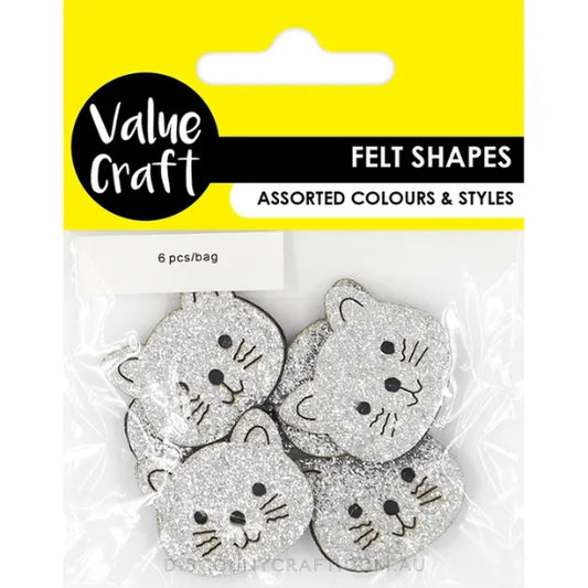 Felt Glitter Cats Silver 6pk