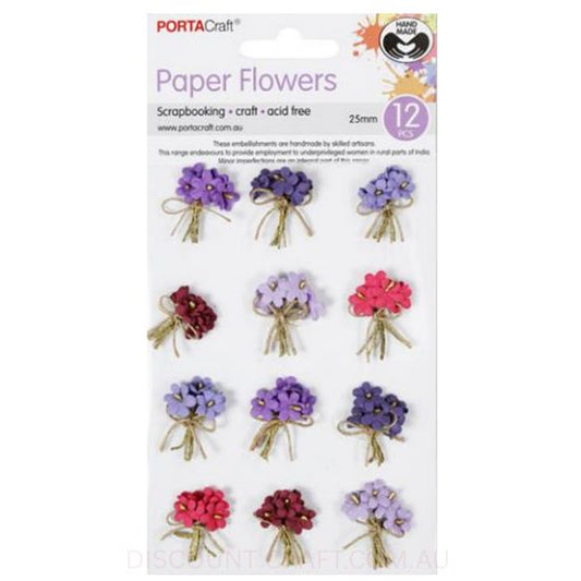 Paper Flowers Bunch with Beads - Berry 25mm 12pk