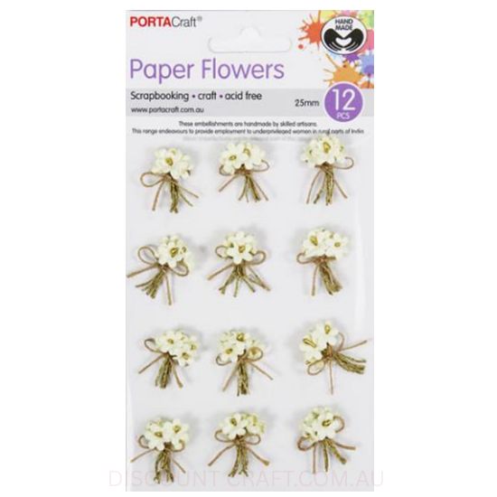 Paper Flowers Bunch with Beads - Ivory 25mm 12pk