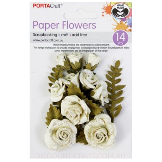 Paper Flowers - Ivory Roses with Glitter Set 14pk