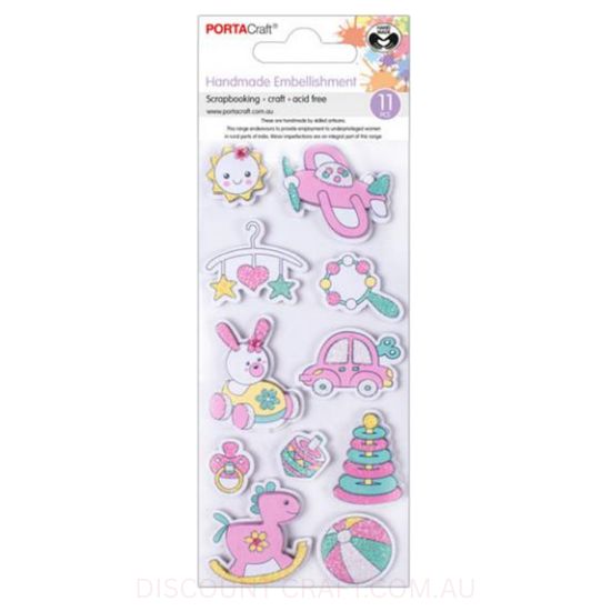 Handmade Glitter Embellishments - Pink Baby Toys 11pk