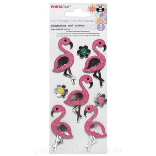 Handmade Glitter Embellishments - Flamingo 8pk