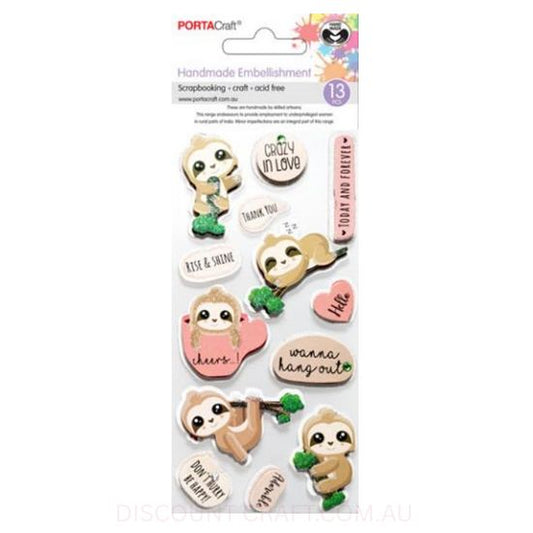 Handmade Glitter Embellishments - Sloth Love 13pk