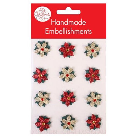 Handmade Christmas Glitter Embellishment - Poinsettia 25mm 12pk