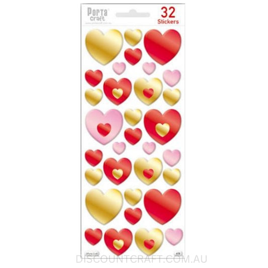 Puffy Heart Stickers - Red, Pink & Gold 32pk