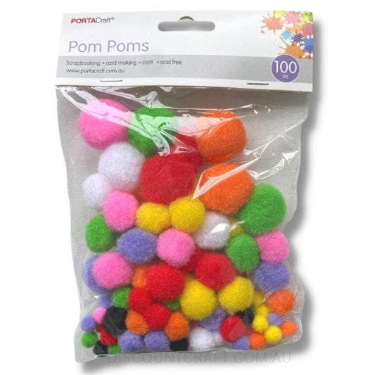 Acrylic Pom Poms 100pk - Assorted Colours & Sizes