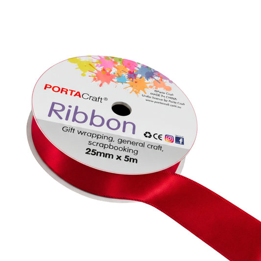 Satin Ribbon Double Sided 25mm x 5 metres - Bright Red