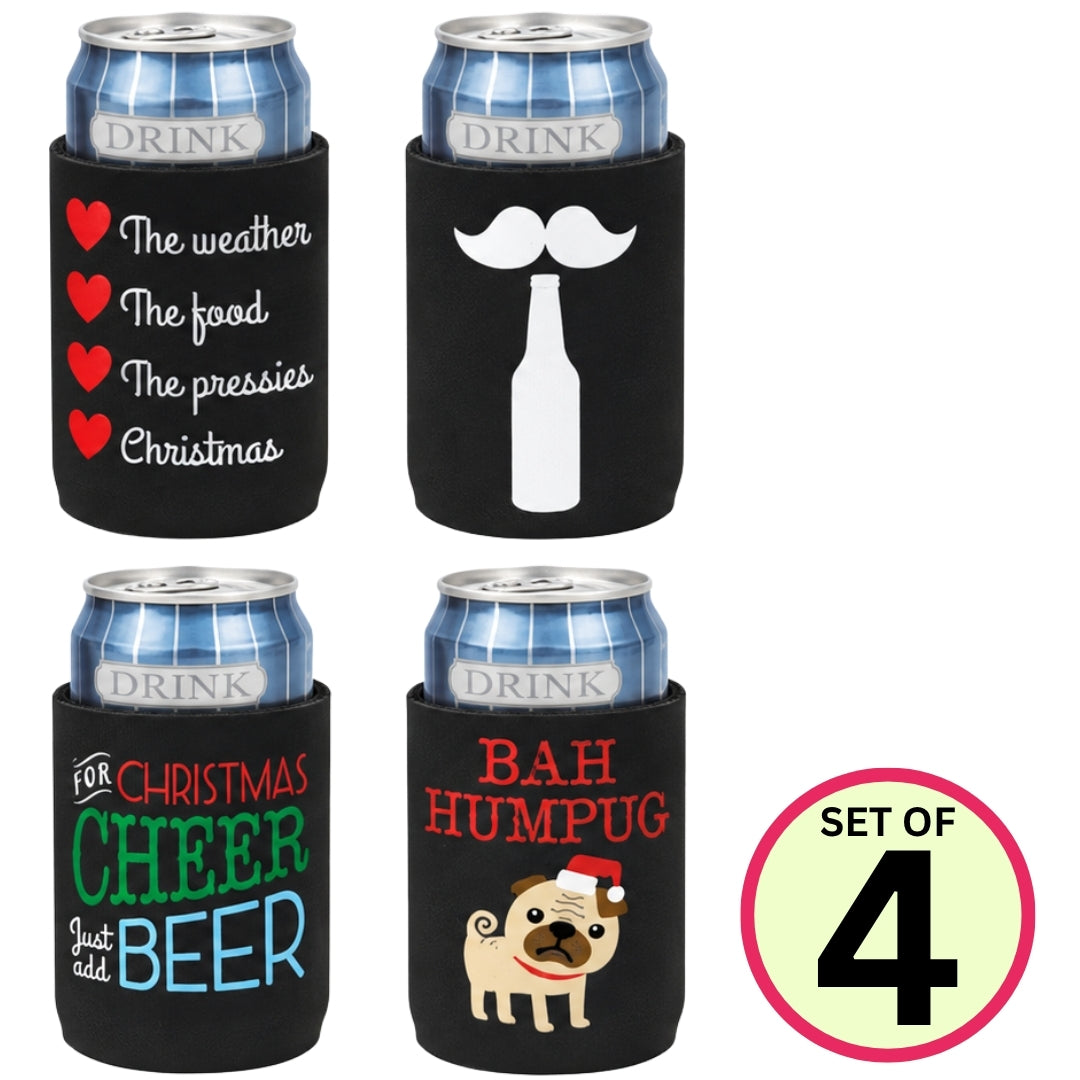 Black Christmas Stubby Holders 4pk - Set A