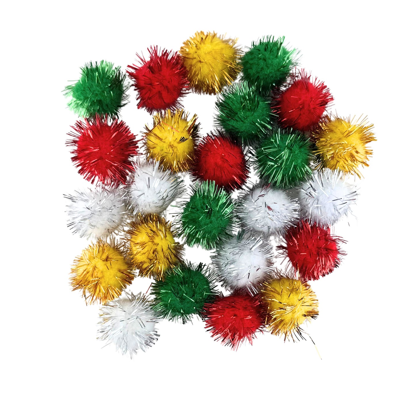 Tinsel Pom Poms 24pc - Christmas Colours (Red, Green, Gold, White)