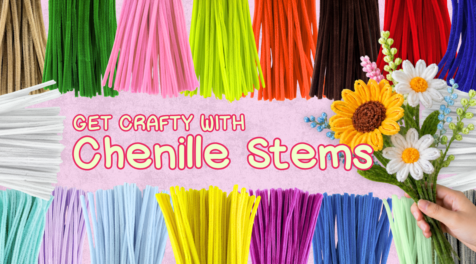 Colourful chenille stems or pipe cleaners, with a hand holding a bouquet of flower-shaped stems on the right.