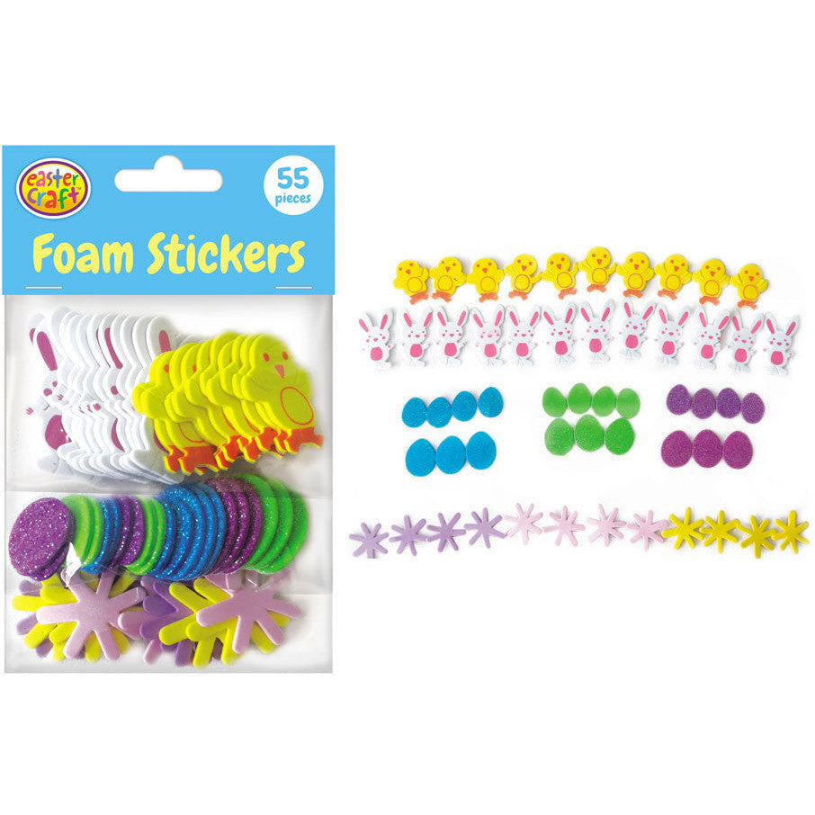 Glitter Foam Easter Stickers (Eggs/Bunnies/Splats) - 55 Pack