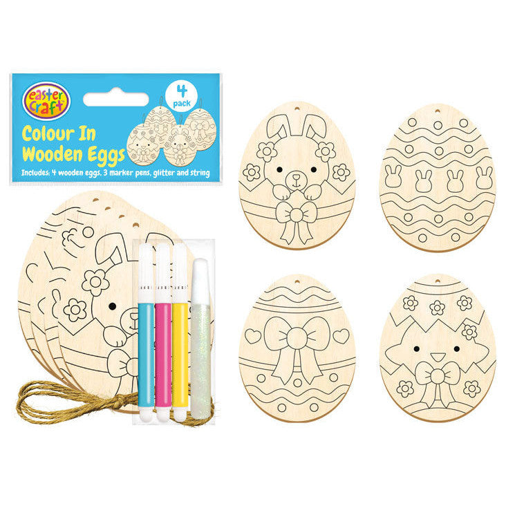 Colour In Wooden Easter Egg Decorations Kit - 4 Pack