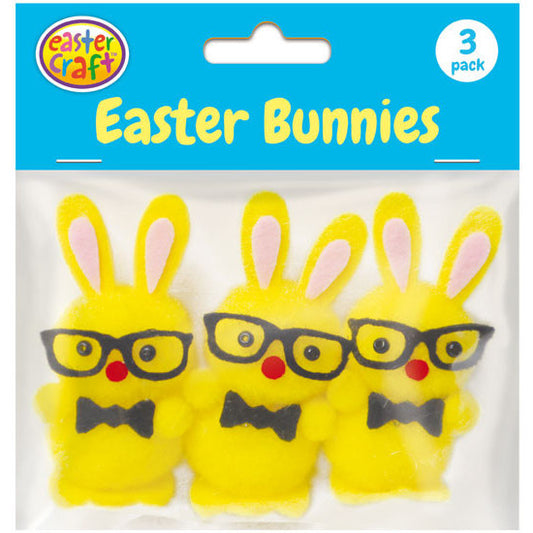 Yellow Pom Pom Easter Bunnies with Bow Ties & Glasses - 3 Pack