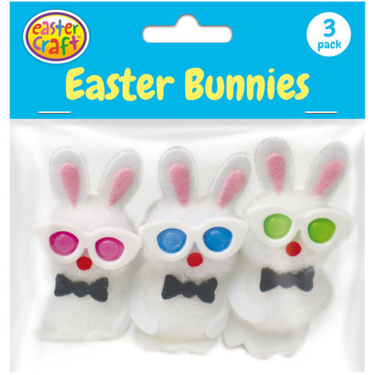 White Pom Pom Easter Bunnies with Bow Ties & Coloured Glasses - 3 Pack