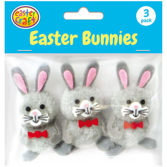 Grey Pom Pom Easter Bunnies with Whiskers - 3 Pack