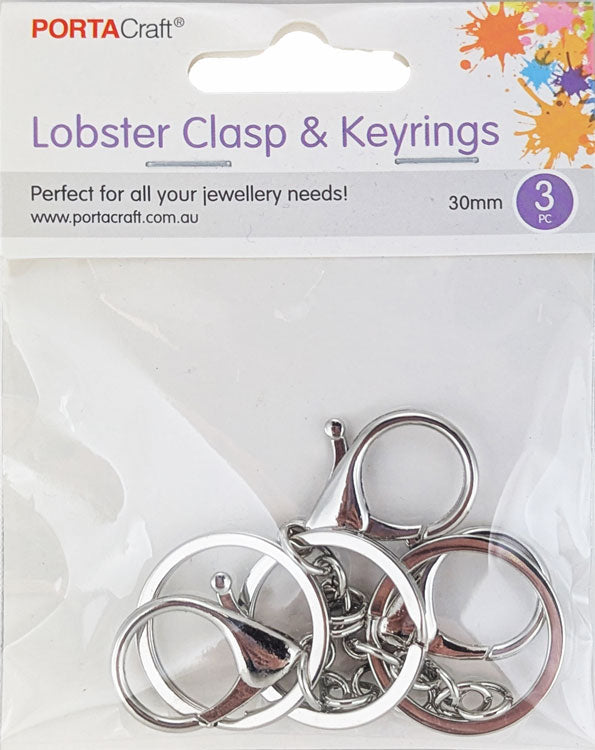 Keyrings with Lobster Clasp 30x20mm 3 Pack - Silver Tone