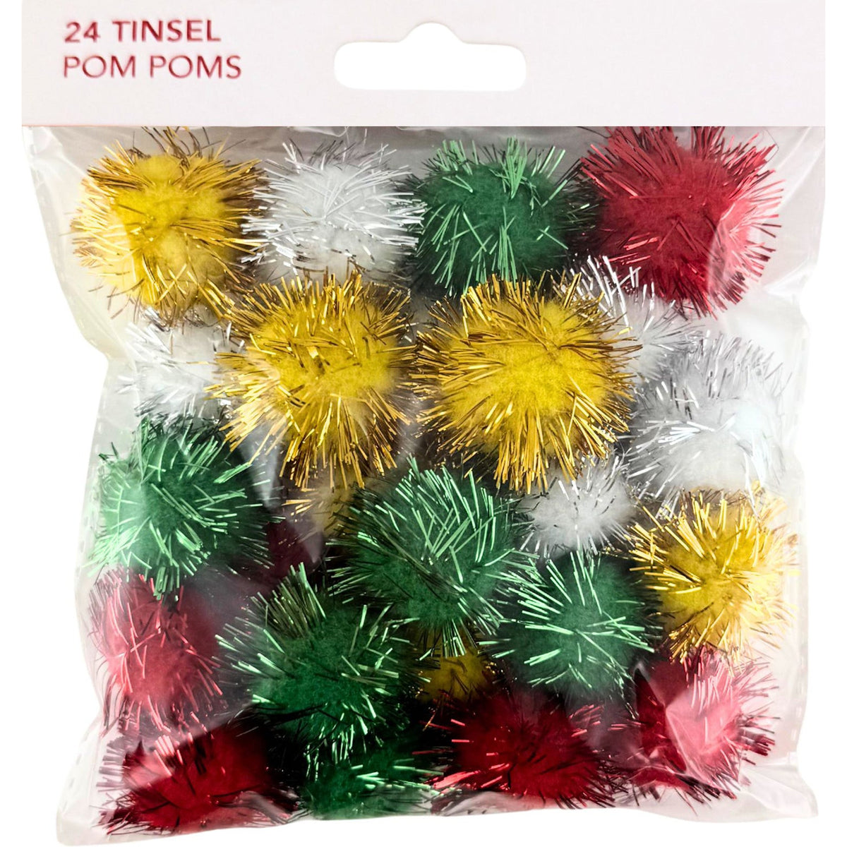 Tinsel Pom Poms 24pk - Christmas Colours